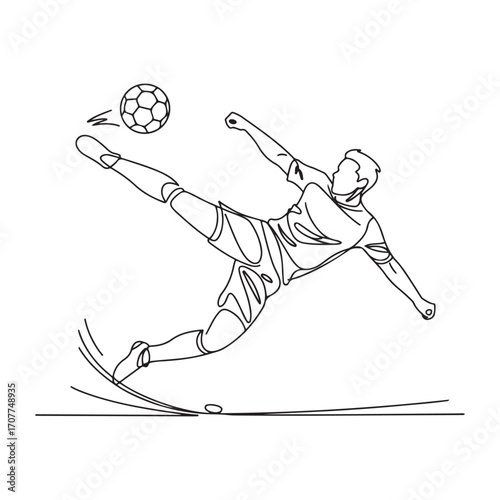 Single one line Art drawing soccer player doing overhead kick shot. Soccer player in action of jump over kick soccer ball to make score goal. with white background