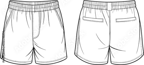 Shorts technical flat sketch, front and back views, casual summer wear, elastic waistband design, fashion apparel template, clothing vector illustration
