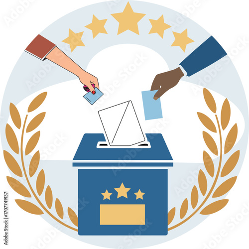 illustration of diverse hands casting votes into ballot box with laurel wreath and stars symbolizing democracy