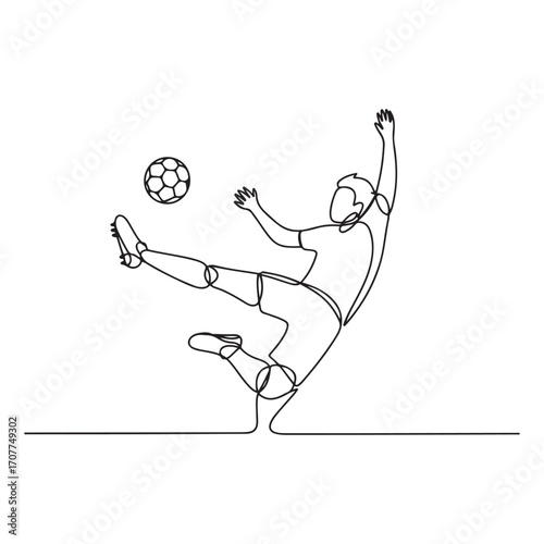 Single one line Art drawing soccer player doing overhead kick shot. Soccer player in action of jump over kick soccer ball to make score goal. with white background
