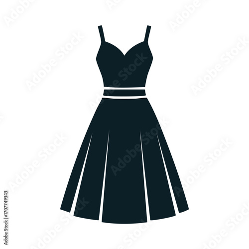 Silhouette of a classic black women's dress, featuring a v-neckline and full skirt.