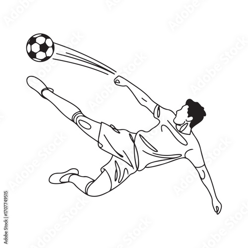Single one line Art drawing soccer player doing overhead kick shot. Soccer player in action of jump over kick soccer ball to make score goal. with white background