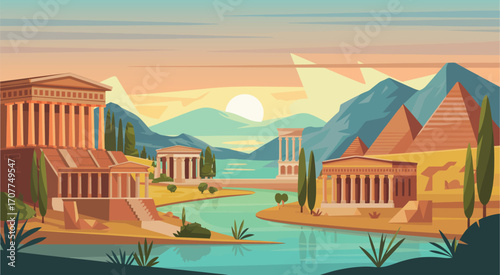Stylized Landscape Featuring Ancient Architectural Ruins and Flowing River Scenery. Historic Nature Illustration for Travel Posters, Fantasy Art, Storytelling, or Scenic Design Projects