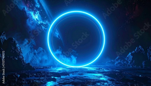 A vibrant blue neon ring floats above a rocky landscape with celestial and cosmic elements.
