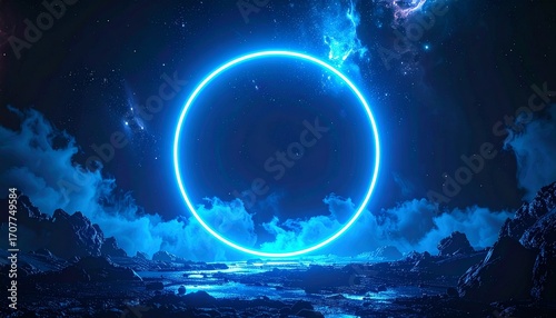 A vibrant blue neon ring floats in a dark starry sky, surrounded by a surreal landscape.