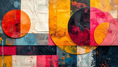 Abstract artwork featuring overlapping circles and geometric shapes in vibrant hues of red, orange, and blue, layered on a textured background.