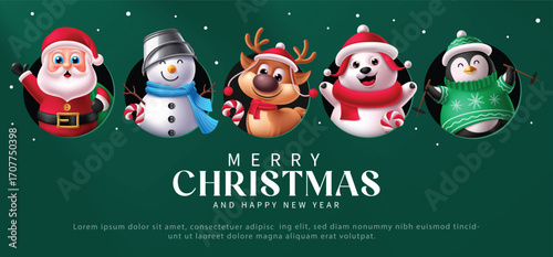 Elegant Christmas greeting clipart banner with Christmas characters like Santa, snowman, reindeer, polar bear, and penguin perfect for Christmas cards, decorations, and New Year greetings vector illus