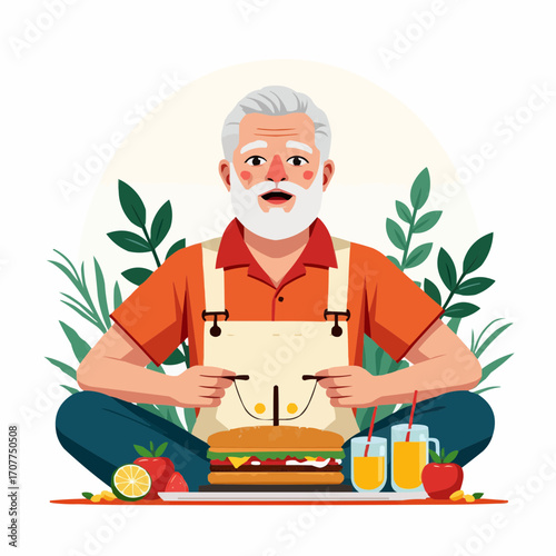 Elderly man enjoying picnic birthday with burger and drinks surrounded by greenery  