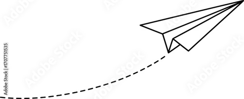 Simple black and white outline of a paper airplane on transparent background