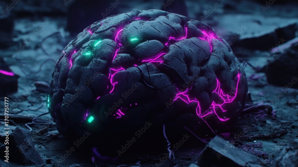 Obraz premium Cracked, dark brain with glowing veins