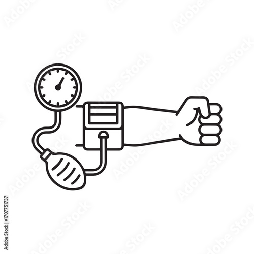 Blood pressure check line icon. Vector illustration of a sphygmomanometer with cuff on arm for medical diagnosis. Healthcare and cardiology symbol.
