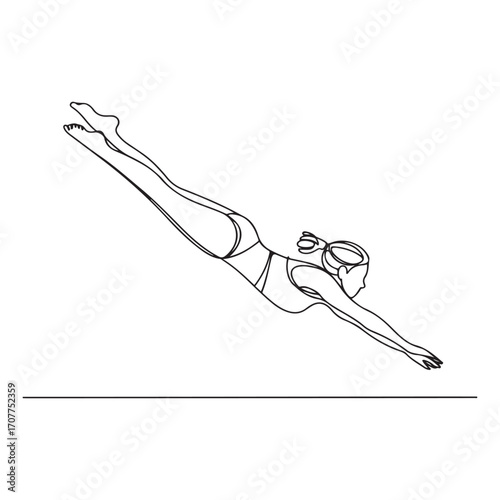 One single line Art drawing of young energetic woman diving into the swimming pool after beauty jumping somersault vector illustration. with white background