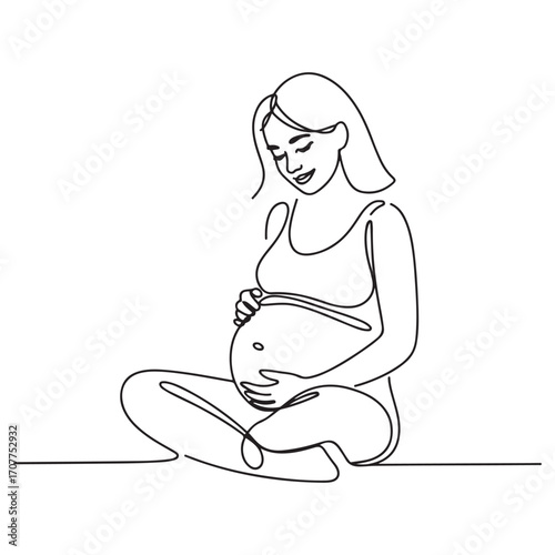 Continuous one line Art drawing happy young pregnant woman sitting with crossed legs at home and looking at her belly. with white background