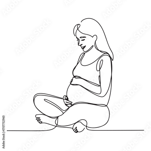 Continuous one line Art drawing happy young pregnant woman sitting with crossed legs at home and looking at her belly. with white background