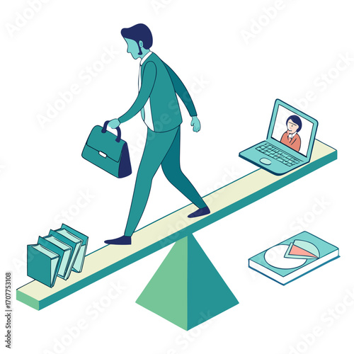 Vector illustration of a businessman walking on a balance board between books and a laptop, symbolizing work life balance, remote work, and career management