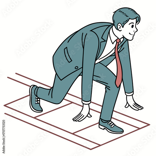 Vector illustration of a businessman in starting position on a track, symbolizing career start, competition, leadership, new opportunities, and business challenges