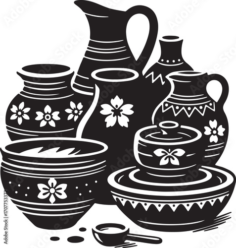 Handmade Pottery and Ceramics Black and White Folk Art and Decorative Vases