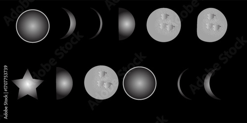 Crescent moon phases at night sky. Realistic Black and White vector sequence illustrations showing the moon from new, waning and waxing, to full moon. Lunar celestial astronomical cycle