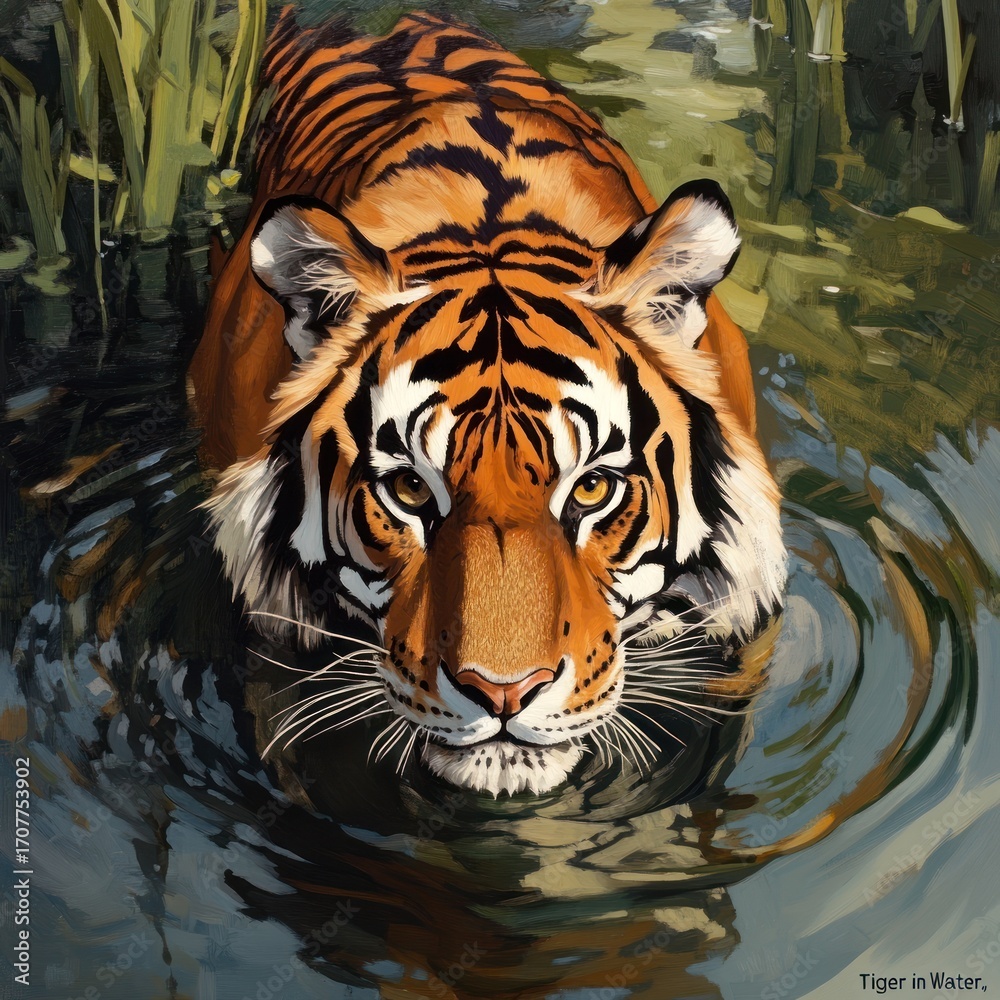 Naklejka premium Tiger emerging from water, detailed portrait