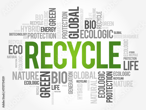 Recycle word cloud with central text surrounded by eco, bio, nature, energy, protection, biodegradable, global, and sustainability terms representing environmental conservation