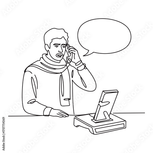 One single line Art drawing of young Arabian man wearing scarf receives complaint call from customer about broken new product. with white background