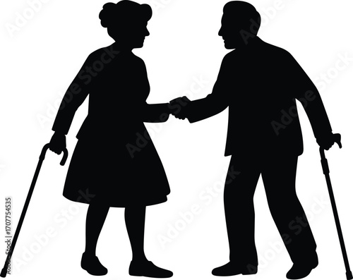 Silhouette of elderly couple shaking hands with walking canes, vector illustration of senior connection, aging, support, care, companionship.