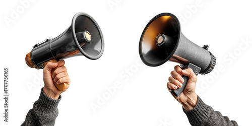 Set of hand holding up a megaphone in the air isolated on a transparent background