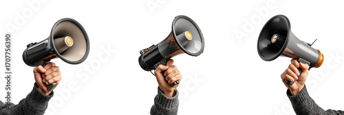 Set of hand holding up a megaphone isolated on a transparent background