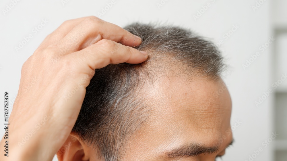 Fototapeta premium Close up view of man examining his thinning hairline, showcasing gray hair and scalp. image captures moment of concern about hair loss, reflecting emotional impact of aging