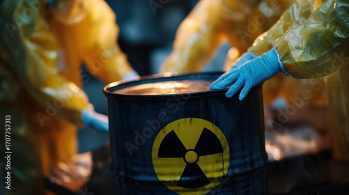 Protective suits handling hazardous materials, showcasing safety and caution in nuclear waste environment. scene emphasizes importance of safety protocols in dangerous situations
