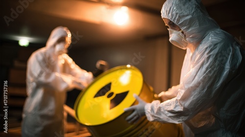 Protective suits handling hazardous materials in controlled environment, showcasing safety measures and professionalism in nuclear waste management. scene conveys urgency and responsibility