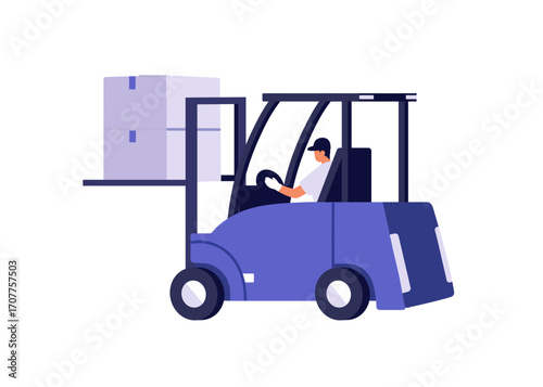 Storage worker lifts cargos, carries boxes and loads packages with forklift. Loader is shipping, works on lifter truck in logistic service. Flat isolated vector illustration on white background