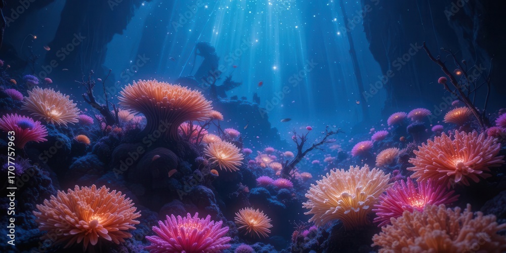 Fototapeta premium Submerged Symphony Ethereal Lights Dancing in the Underwater Void