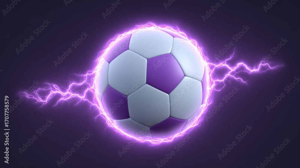 Naklejka premium Dynamic Soccer Ball Surrounded by Electric Energy and Bright Lightning Effects in a Dark Background
