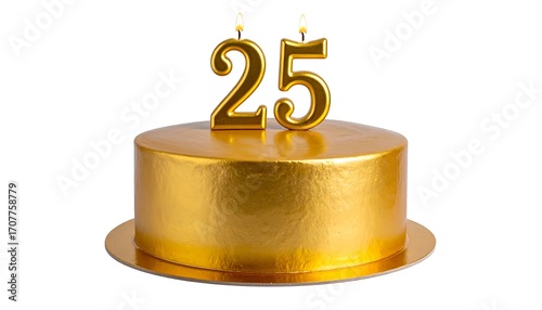 Festive Golden 25th Birthday Cake with Lit Candles, Elegant Twenty-Fifth Anniversary Celebration Cake with Shimmering Gold Decor