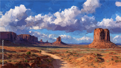 Vector illustration of Monument Valley sandstone, oil painting in impasto style.