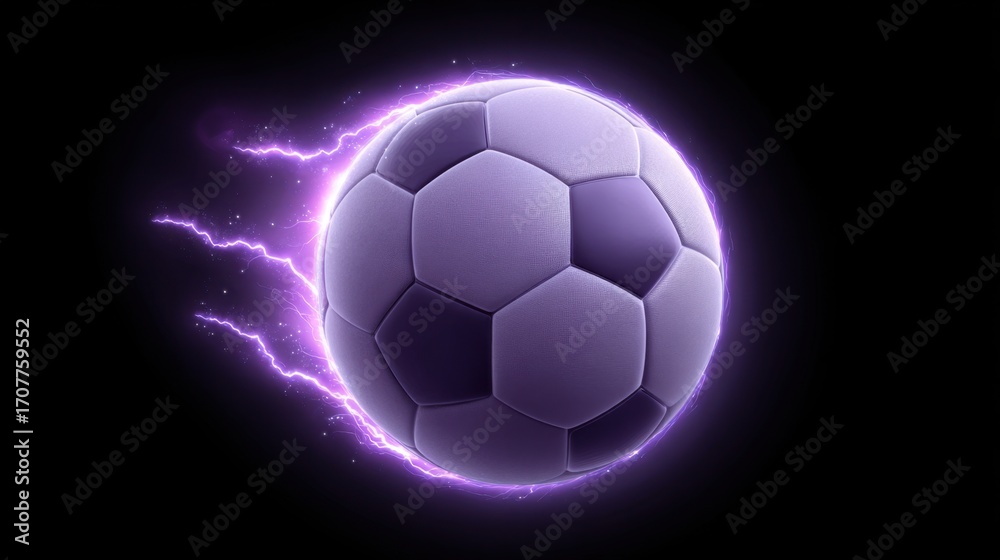 Fototapeta premium Electrifying Purple Soccer Ball with Motion Effects in Dark Background for Dynamic Sports Illustrations and Creative Designs