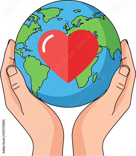 Two hands gently cradling the Earth, symbolizing care and love for our planet with a prominent red heart on its surface.
