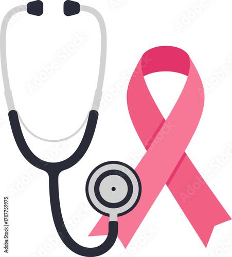 A stethoscope is placed next to a pink ribbon, symbolizing breast cancer awareness and medical care.