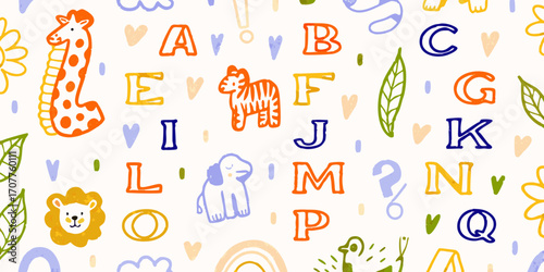 Cute hand drawn alphabet letters and jungle animals seamless pattern for kids