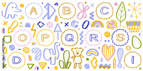Whimsical hand drawn alphabet letters and cute doodles in a playful pattern