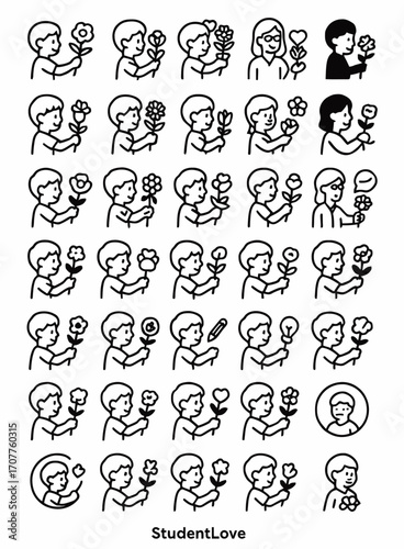 A charming collection of line art icons featuring a young boy giving a single flower, symbolizing love, friendship, and appreciation in various scenarios
