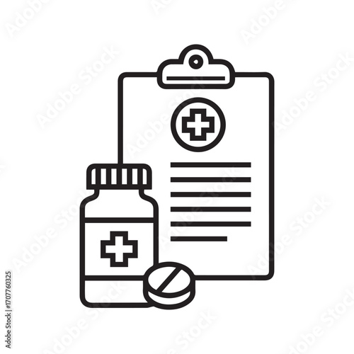 Medical prescription and medication line icon. Vector graphic of a patient's chart, medicine bottle, and pill for healthcare concepts.
