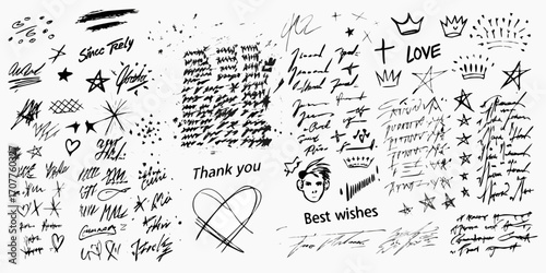 Collection of hand drawn black ink scribbles doodles stars hearts crowns and text elements on white background