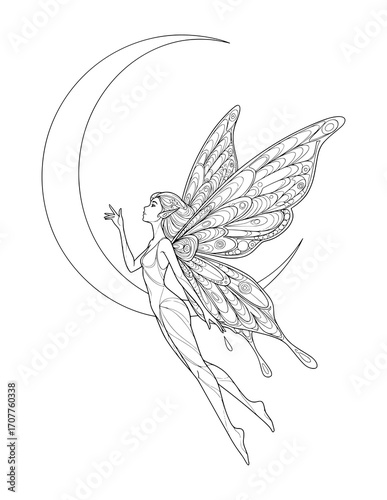 Fairy with Crescent Moon. coloring page