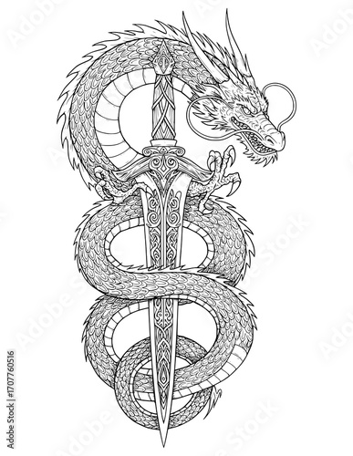Dragon and Sword Tattoo Design. coloring page