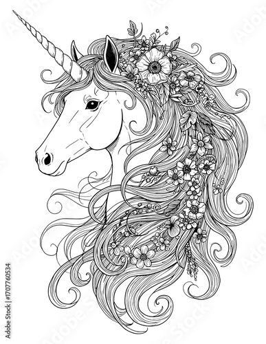 Elegant unicorn head illustration with flowing mane adorned with flowers, perfect for fantasy art, coloring books, design projects, and whimsical aesthetics