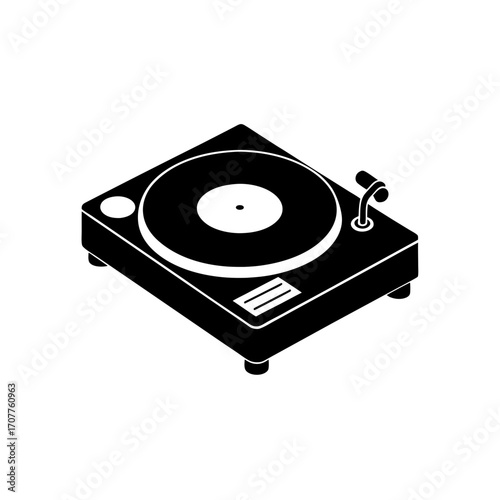 Isometric black and white record player art on transparent background