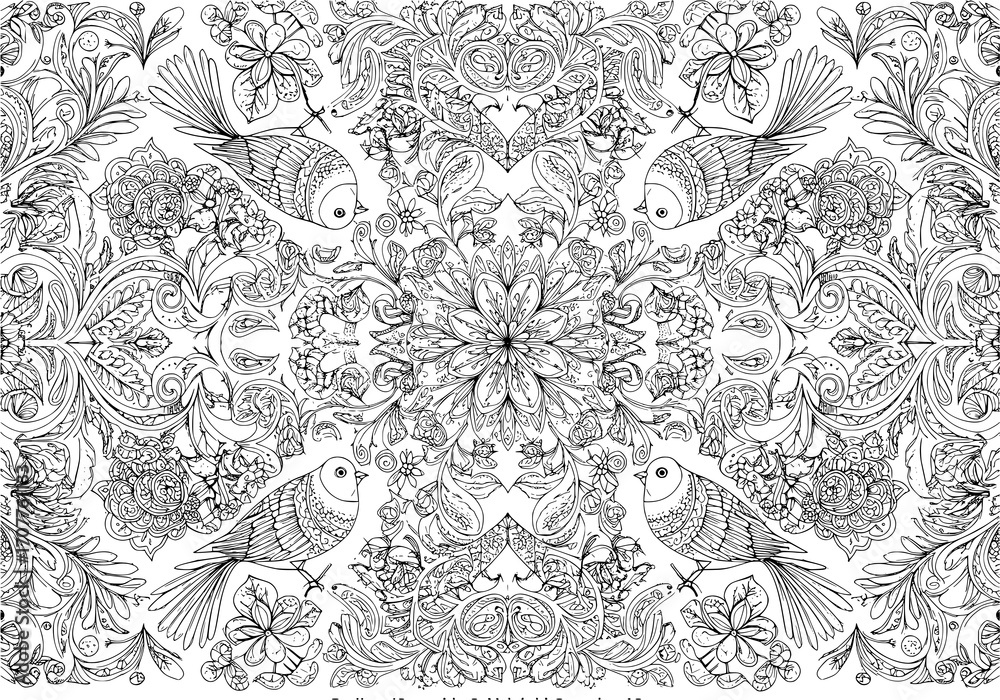 Fototapeta premium Symmetrical Bird and Floral Pattern