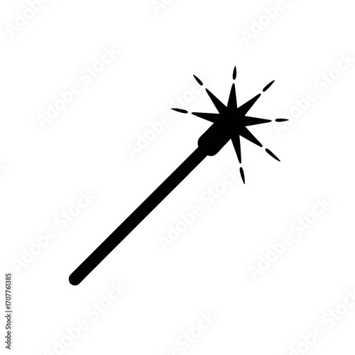Simple black magic wand with starburst top on transparent background
